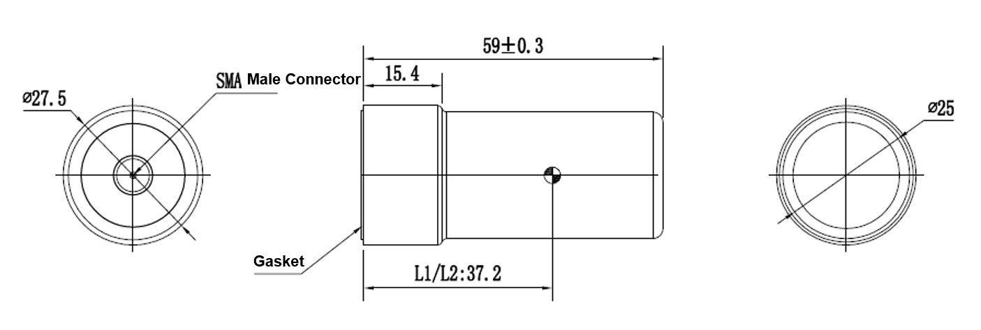 H2042R structure drawing showing 59 millimeter length, 27.5 millimeter diameter, SMA male connector, gasket, and mounting dimensions