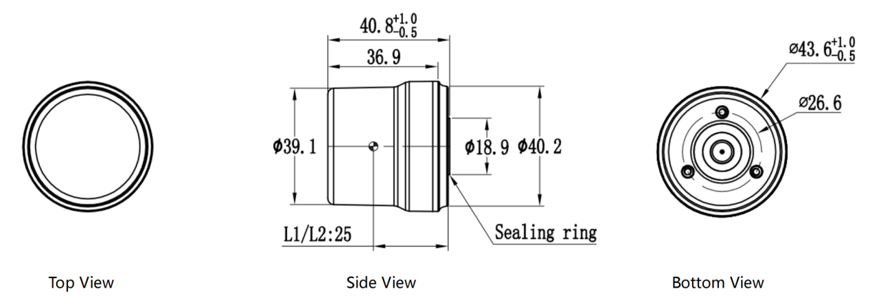 HN-HELIX10 structure drawing showing 59 millimeter length, 27.5 millimeter diameter, SMA male connector, gasket, and mounting dimensions