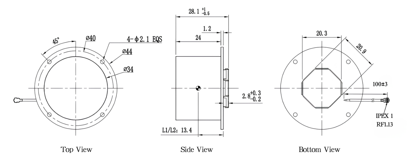 HN-HELIX100E structure drawing showing 59 millimeter length, 27.5 millimeter diameter, SMA male connector, gasket, and mounting dimensions