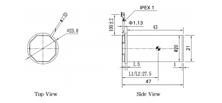 HN-HELIX10 structure drawing showing 59 millimeter length, 27.5 millimeter diameter, SMA male connector, gasket, and mounting dimensions