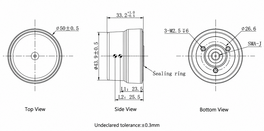 HN-HELIX10 structure drawing showing 59 millimeter length, 27.5 millimeter diameter, SMA male connector, gasket, and mounting dimensions