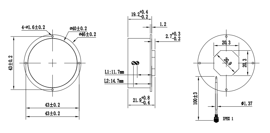 HN-HELIX500E structure drawing showing 59 millimeter length, 27.5 millimeter diameter, SMA male connector, gasket, and mounting dimensions