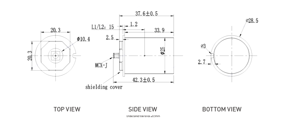 HN-HELIX50E Pro structure drawing showing 59 millimeter length, 27.5 millimeter diameter, SMA male connector, gasket, and mounting dimensions
